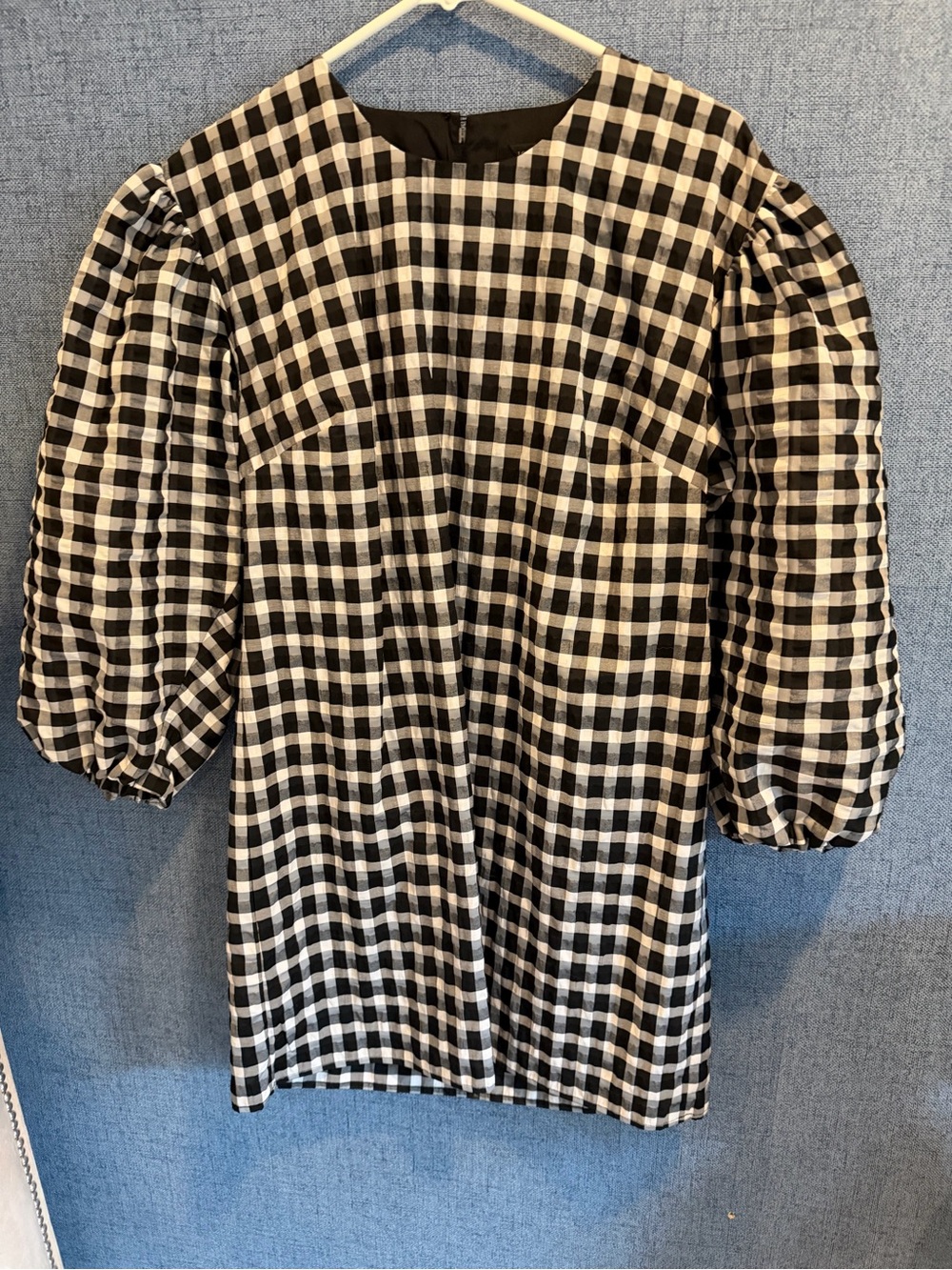 J. Crew Black and White Gingham Puff-Sleeve Mini Dress